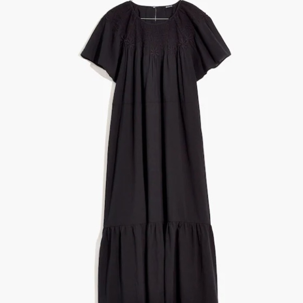 MADEWELL Embroidered Smocked Black Cotton Midi Dress Size XS
